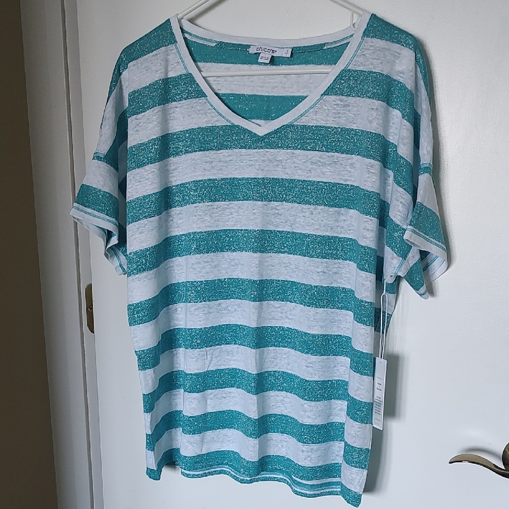 Chico's Aqua and White Striped Tee